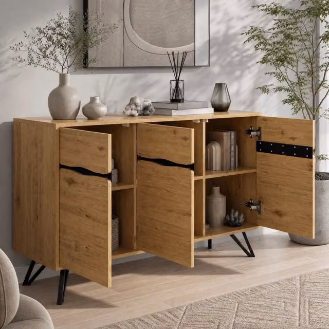 Credenza ULEVR 140x40x75,5 cm con 3 ante, gambe in metallo nero e finitura effetto legno