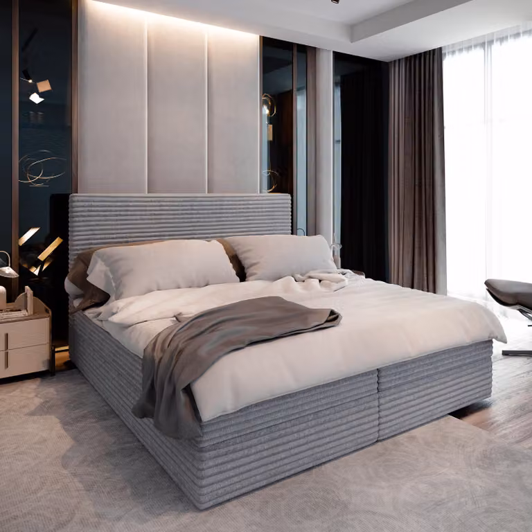 Letto a molle Masseno PISA 160x200 cm completo di materasso e topper Bonell, letto imbottito con cassettiera - grigio chiaro, TILIA 86