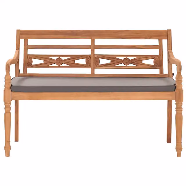 Panca Batavia vidaXL in legno di teak massello con cuscini grigi per giardino e terrazzo L: 120 cm