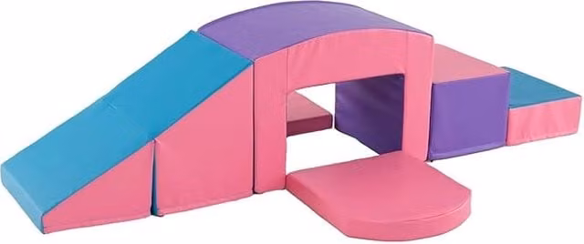 Set di 6 Blocchi di Schiuma per Arrampicata Costway, Gioco Morbido Colorato con Tunnel, Scale e Rampetta per Bambini, Viola