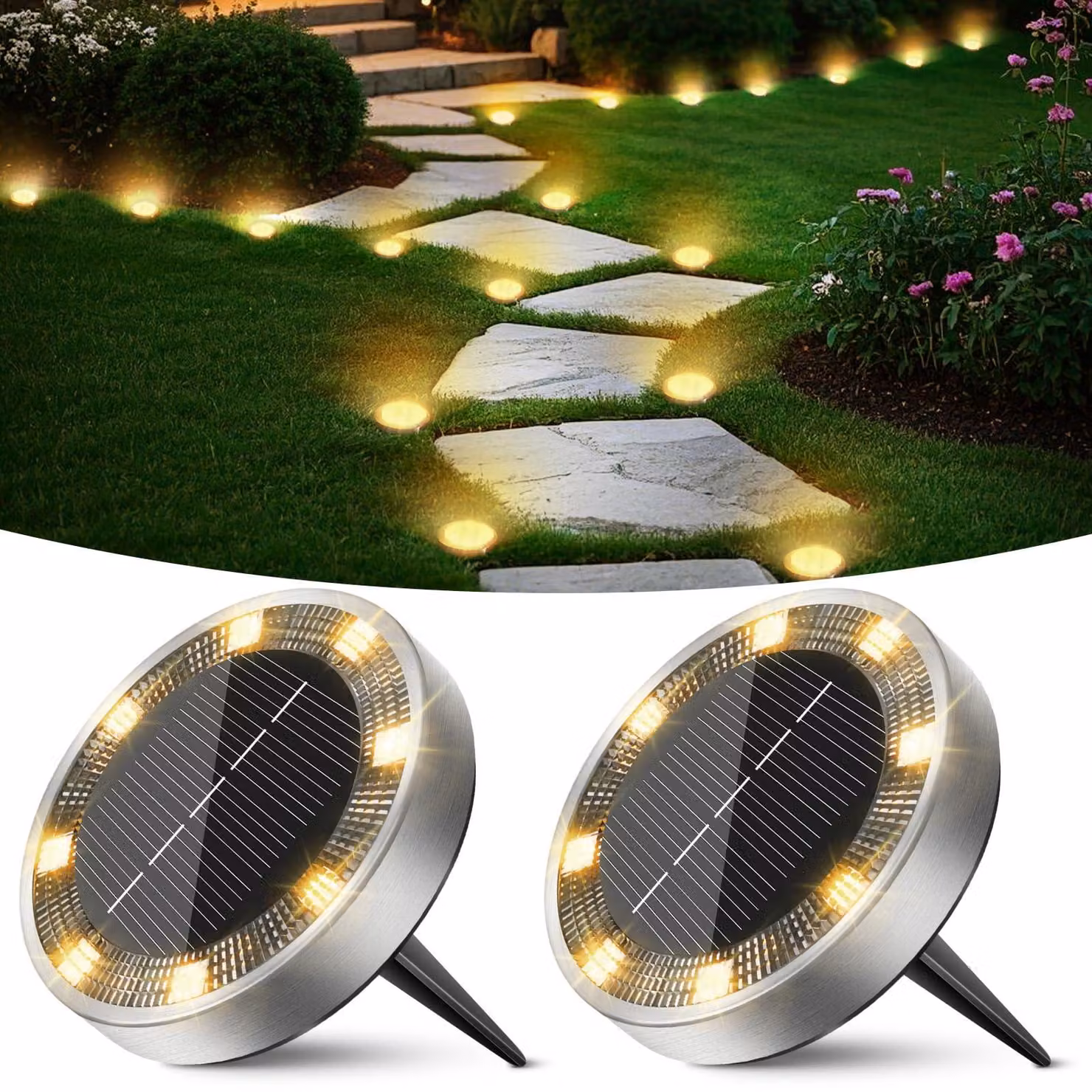 Set di 2 luci solari, con 8 LED, impermeabili, luce bianco caldo, per uso esterno