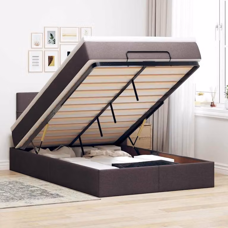 vidaXL Struttura Letto con Materasso e Pouf in Tessuto con Base a Sollevamento, Illuminazione Sotto il Letto e Porte USB, Marrone e Bianco, L/P/H: 200 x 80 x 88 cm
