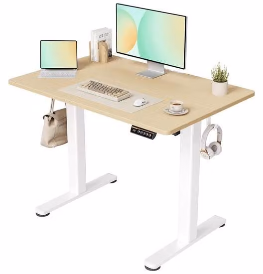 Azomor® Scrivania regolabile elettricamente con struttura bianca e piano da lavoro beige per un lavoro ergonomico, 100x60 cm
