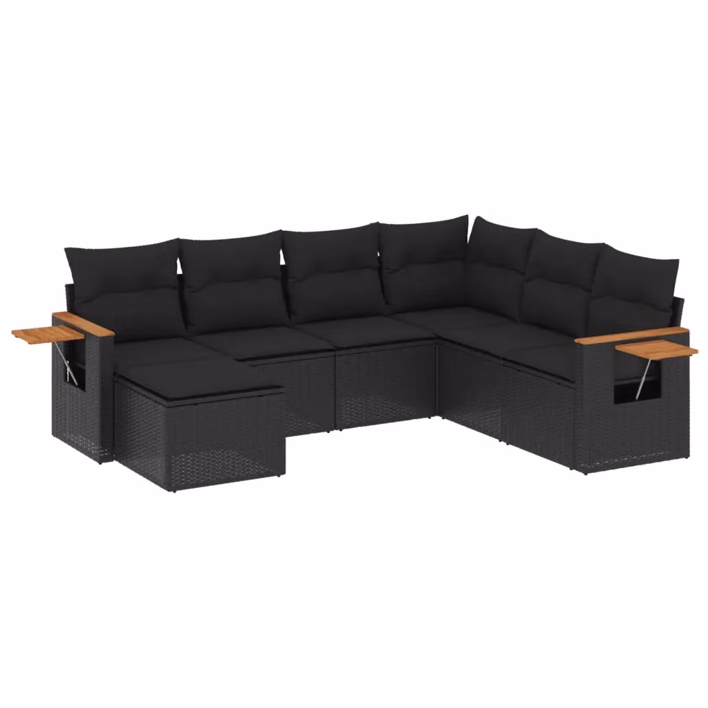 vidaXL Set Divano da Giardino a L con 7 Cuscini in Polyrattan Nero e Legno di Acacia – 2