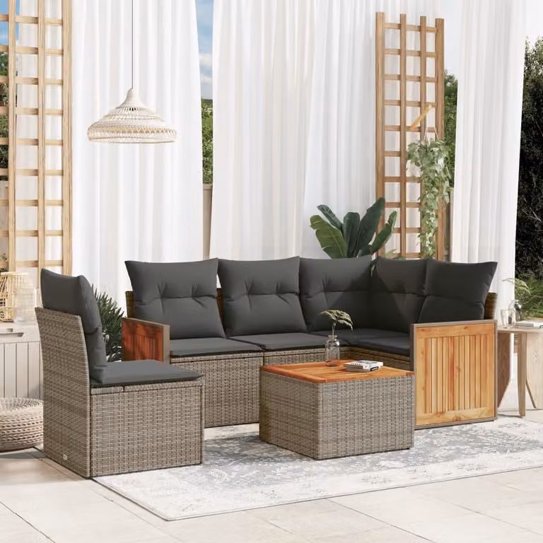 Set Divano da Giardino vidaXL 6 pz a Forma di L in Polyrattan Grigio con Cuscini e Tavolino da Caffè