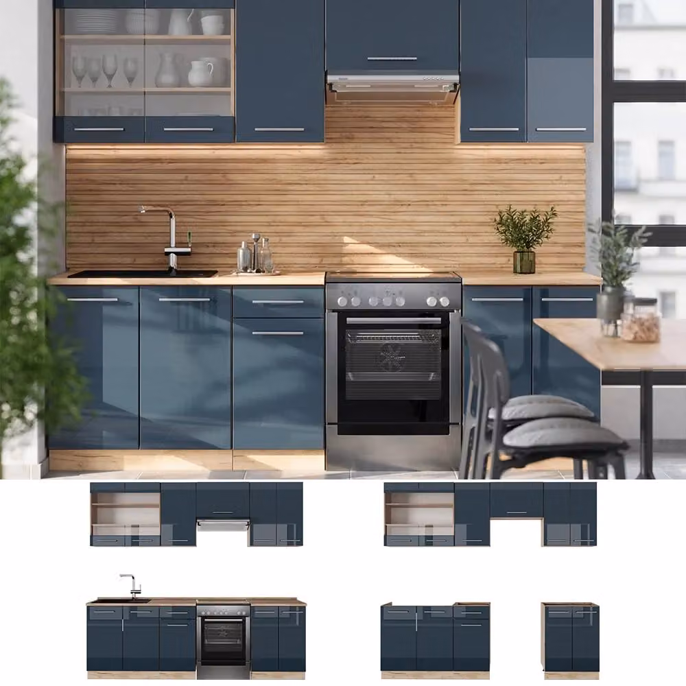 Cucina componibile moderna Vicco Fame-Line Blu scuro lucido e Rovere dorato con PL Antracite L: 240 cm – 2