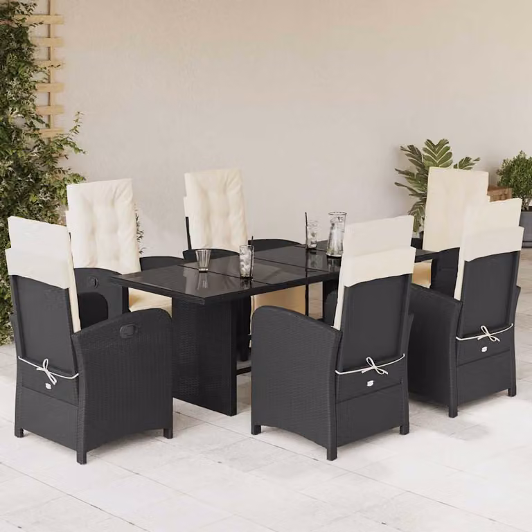 vidaXL Set da Pranzo da Giardino 7 pz in Polyrattan Nero con Cuscini e Tavolo in Vetro
