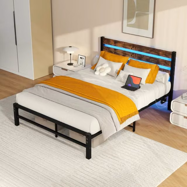 Letto matrimoniale 120 x 200 cm in metallo e MDF con LED RGB e vano sottostante