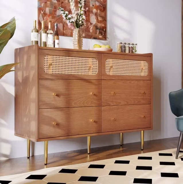 Cassettiera con 6 cassetti in legno e metallo colore noce