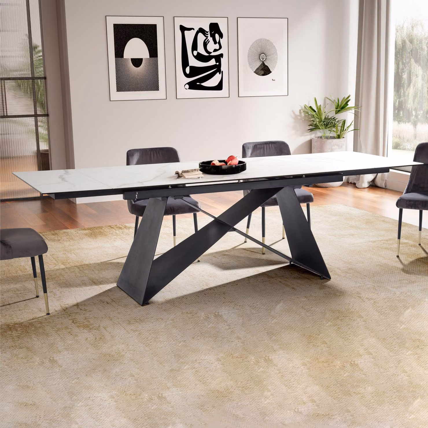 Tavolo da pranzo allungabile FineBuy 180–260 cm, piano in vetro-Vetroceramica bianco, tavolo da pranzo moderno con base a X in metallo – resistente ai graffi, al calore e di facile manutenzione