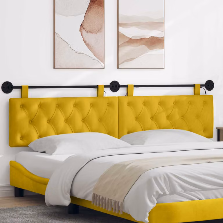 Testiera sospesa vidaXL in velluto giallo con luce LED integrata L: 210 cm, H: 55 cm, P: 7 cm