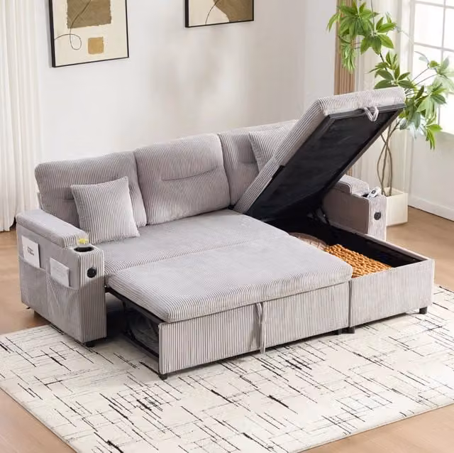 Divano angolare convertibile 212,5x136x86 cm in velluto a coste grigio chiaro –