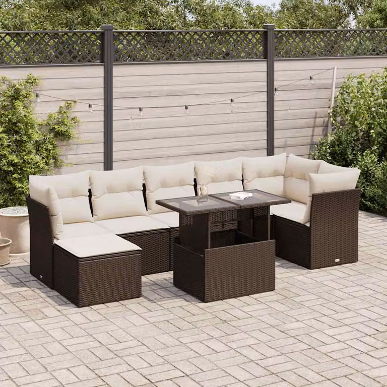 Set di divani da giardino vidaXL 8 pezzi in polyrattan marrone con cuscini e tavolino da esterno a forma di U