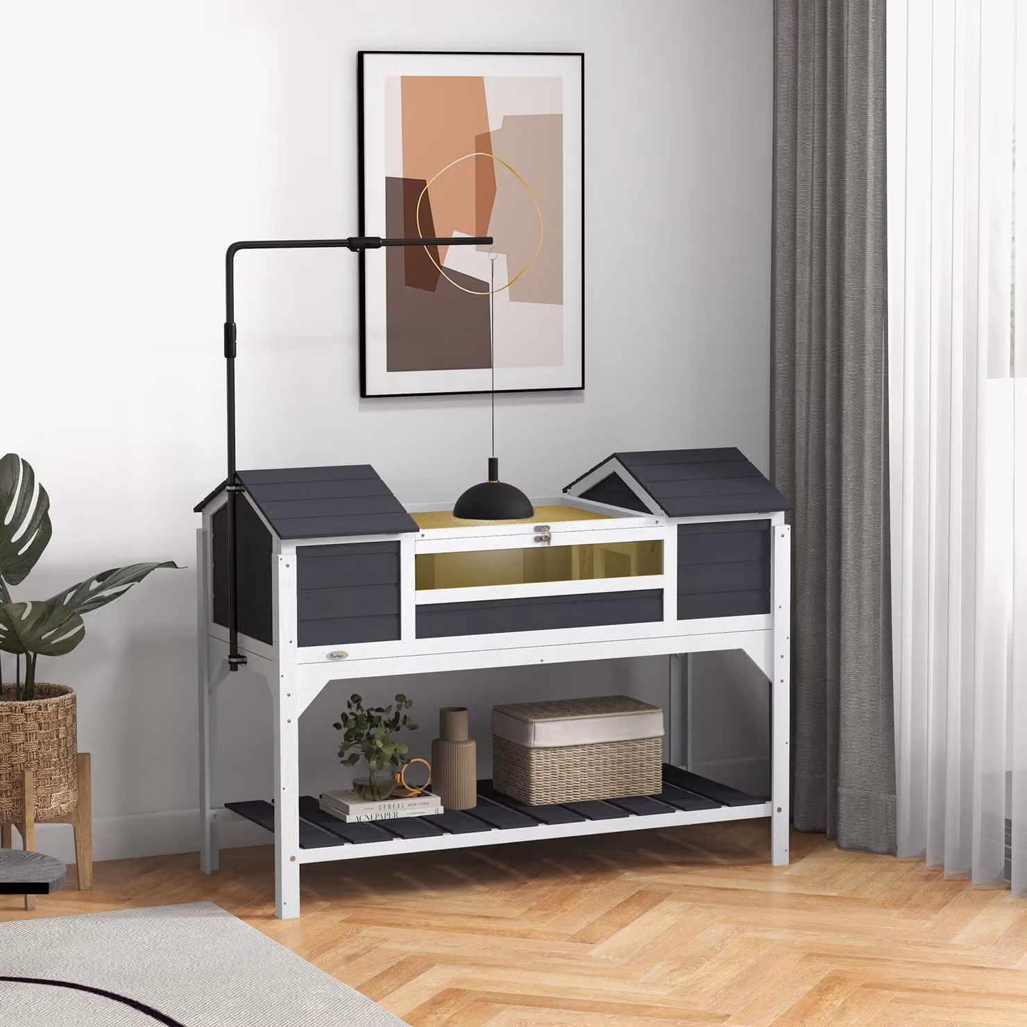 PawHut Casa per tartarughe terrestri da esterno in legno massello grigio con 2 supporti per lampada regolabili L: 122 cm, P: 56,5 cm, H: 93 cm – 2
