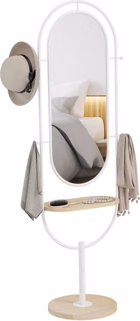 Specchio da terra Xylo con mensola e ganci in legno e metallo bianco H: 175,5 cm, L: 50 cm