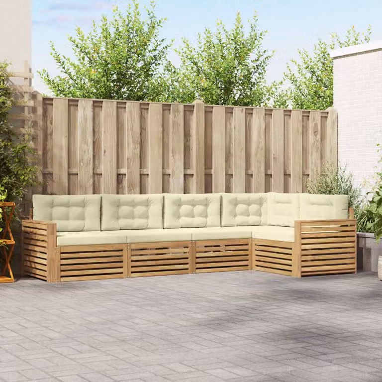 Set di divani da esterno vidaXL a forma di L con struttura in legno di acacia e cuscini inclusi, colori bianco, beige e marrone