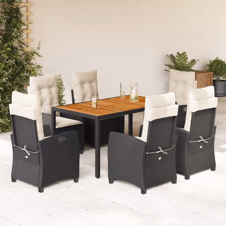 Set da pranzo da giardino vidaXL in legno di acacia oliato e polyrattan con 7 pezzi, nero e bianco