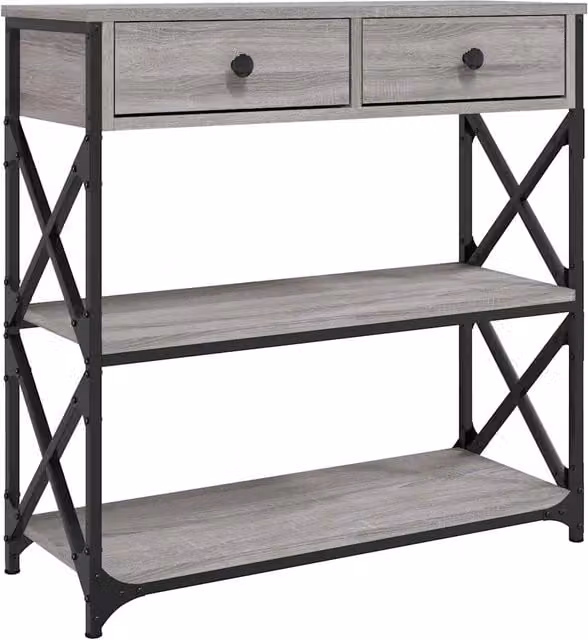 Tavolino Consolle Design Industrial in Legno e Metallo Grigio L: 75 cm, P: 28 cm, H: 75 cm