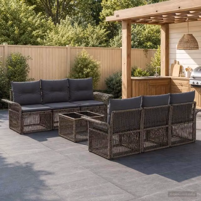Set da giardino moderno vidaXL composto da 7 pezzi in rattan grigio con divani e tavolino da caffè