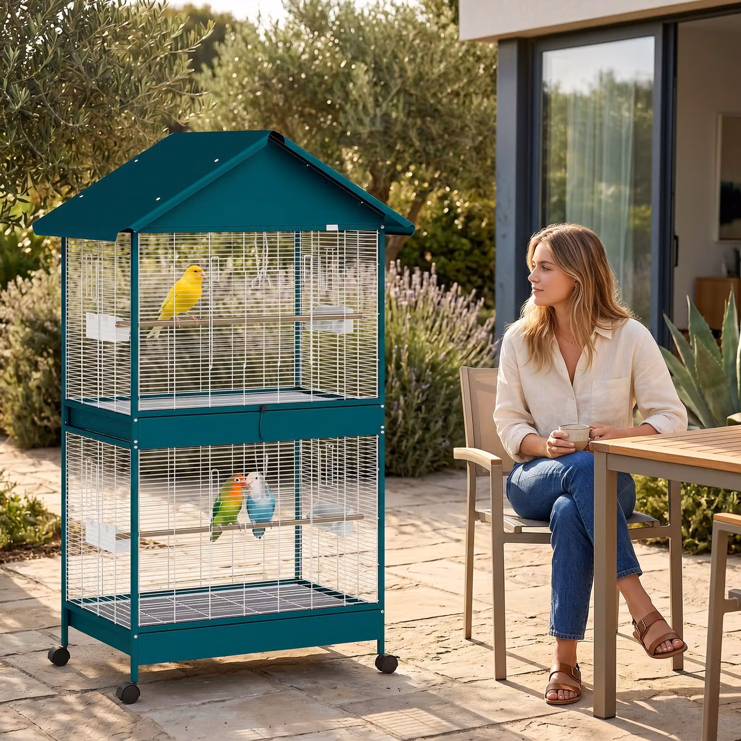 Gabbia per uccelli PawHut con ruote, separatore rimovibile, 6 mangiatoie, 4 posatoi e 2 vassoi estraibili, Verde, H 158 x L 94 x P 70 cm – 2