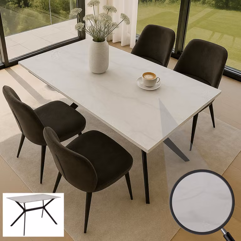Tavolo da pranzo HWC-O58, tavolo da pranzo in metallo sinterizzato, effetto marmo 120 cm ~ bianco