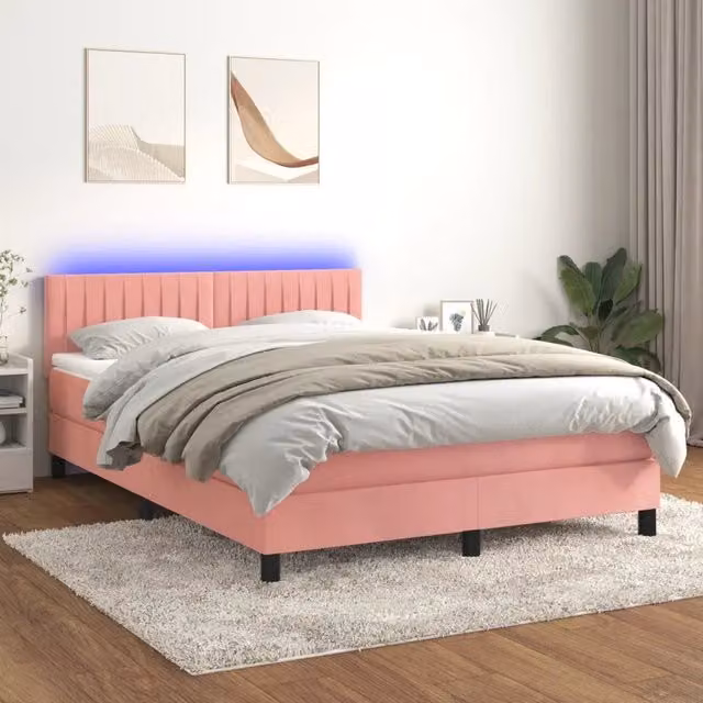 Letto matrimoniale con materasso ibrido vidaXL in velluto rosa e bianco con illuminazione LED sottostante e porta USB L/P/H: 144 x 190 x 88 cm – 1