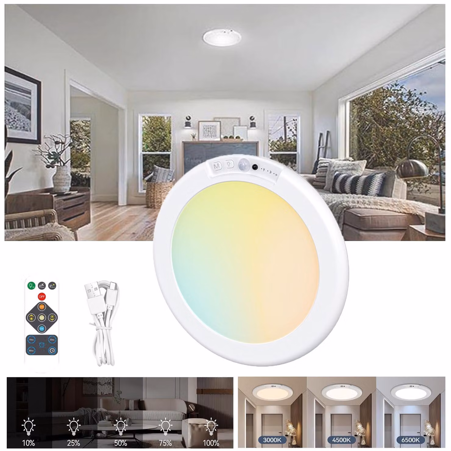 Lampada da soffitto ricaricabile a pannelli con sensore di movimento, telecomando, 3 colori, timer per armadio, scale, corridoio, garage, 1 pezzo