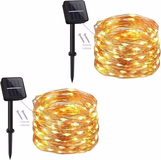 Set da 2 catene luminose solari da esterno - 120 LED - 12 m - 8 modalità - cavo impermeabile color rame per giardino, balcone, terrazza, ingresso, cortile e decorazioni festive