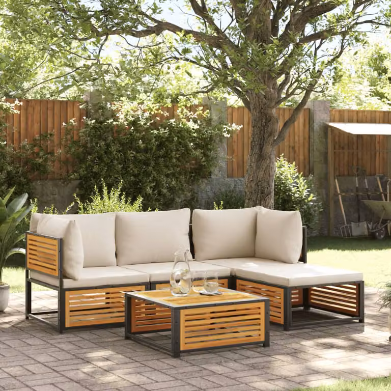 Set Divano da Giardino a L vidaXL 5 pz con Cuscini in Legno di Acacia e Acciaio con Tavolino e Pouf