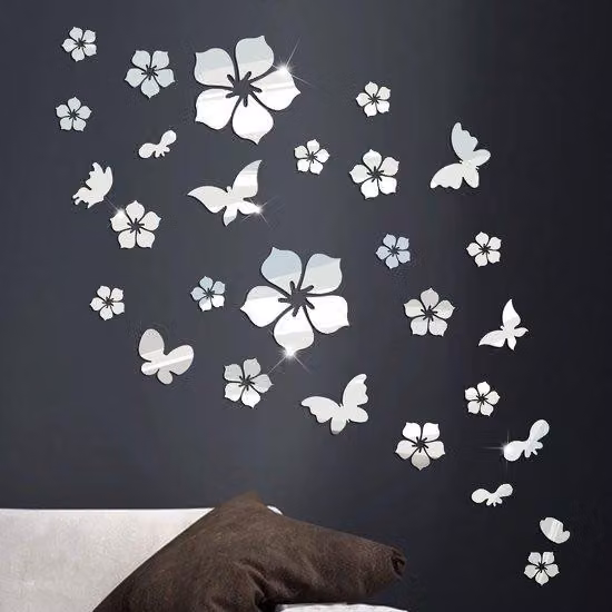 28 fogli di carta da parati acrilica effetto muschio con fiori e farfalle, riflessi 3D, decorazioni per interni, elementi adesivi argentati per soggiorni, camere da letto, bagni e uffici