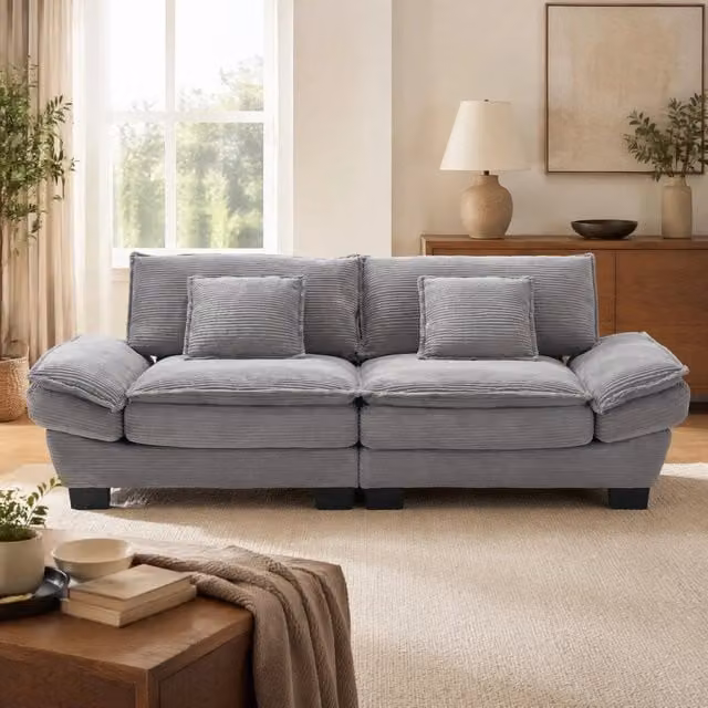 Divano a 2 posti in velluto Light Gray 224x81x81 cm con seduta profonda e braccioli imbottiti
