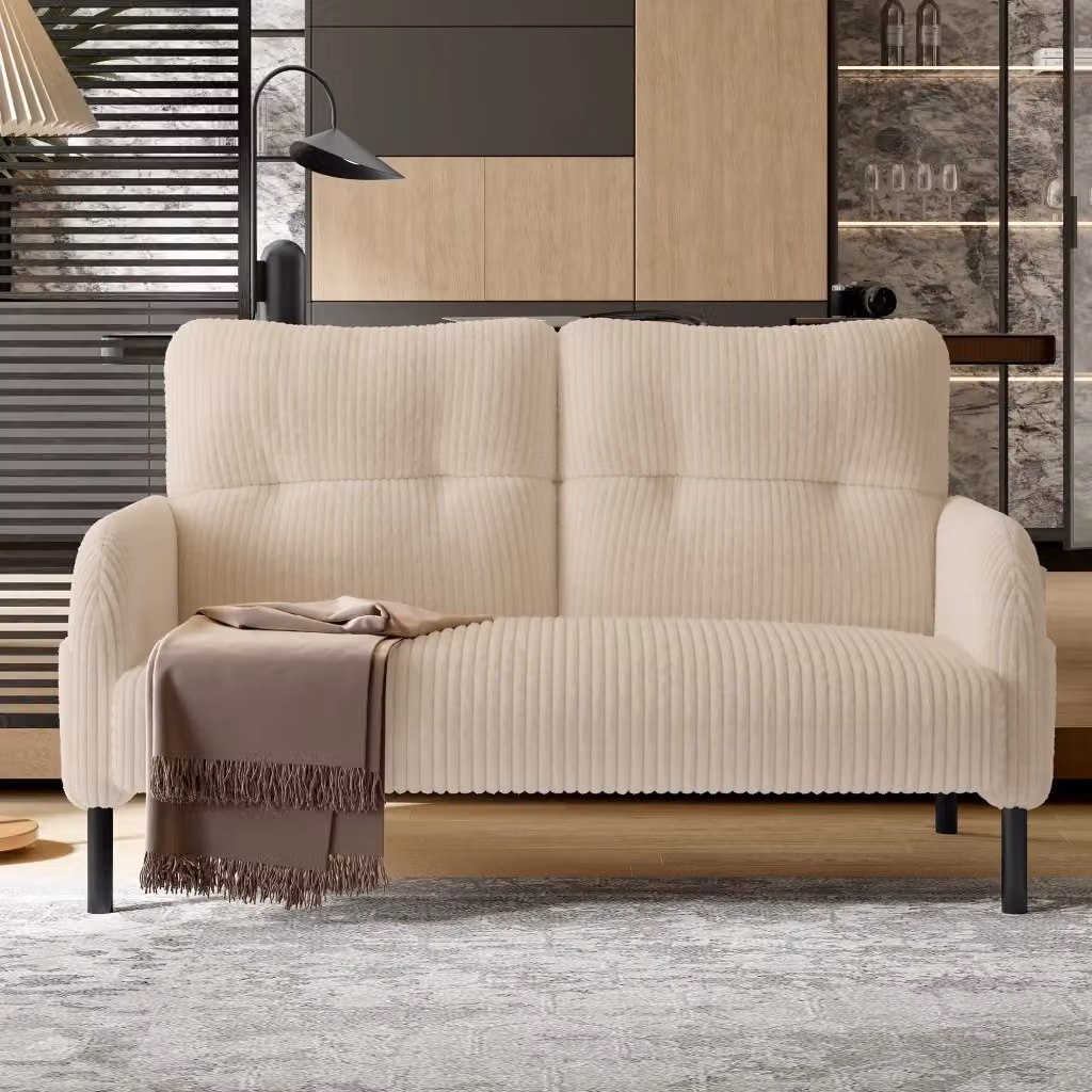 Divano a 2 posti Mivray in velluto a righe beige con struttura imbottita e gambe in metallo e legno L: 120 cm, H: 75 cm, P: 79 cm – 2