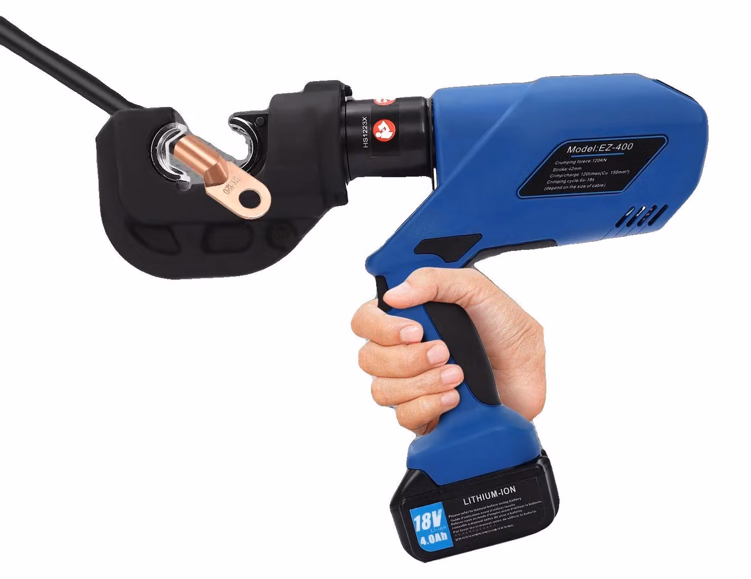 Utensile elettrico-idraulico per crimpatura, tensione 18 V, forza di crimpatura 120 kN, compatibilità 16-400 mm², corsa 42 mm, batteria agli ioni di litio da 40 Ah
