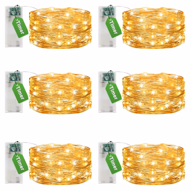 Catena luminosa da 3 metri, con 30 LED, luce bianco caldo, timer, set da 6, filo di rame