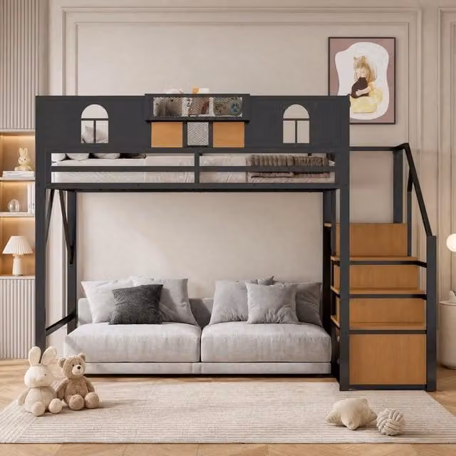 Letto a soppalco in metallo 140x200 cm con scala contenitore; ripiano laterale e colore nero