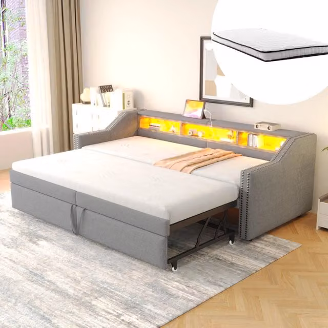 Letto divano estraibile KOMHTOM in tessuto grigio con porta di ricarica USB e illuminazione sottostante L/P/H: 180 x 200 x 74 cm
