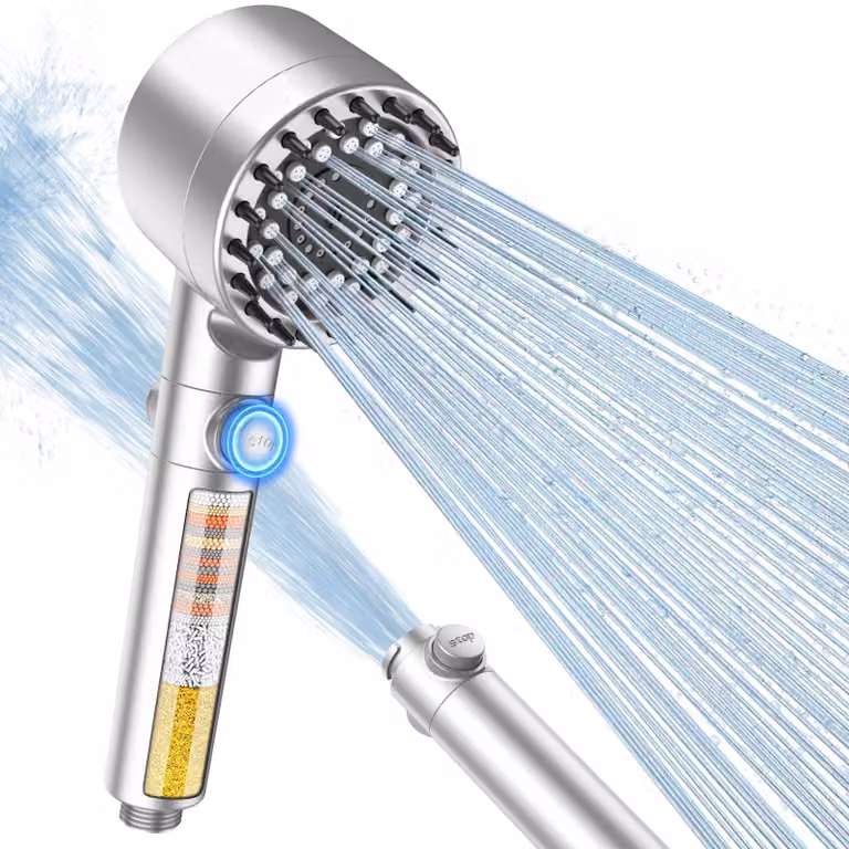 Solidchoice - Doccia a mano con filtro a 15 strati e alta pressione, finitura argento lucido