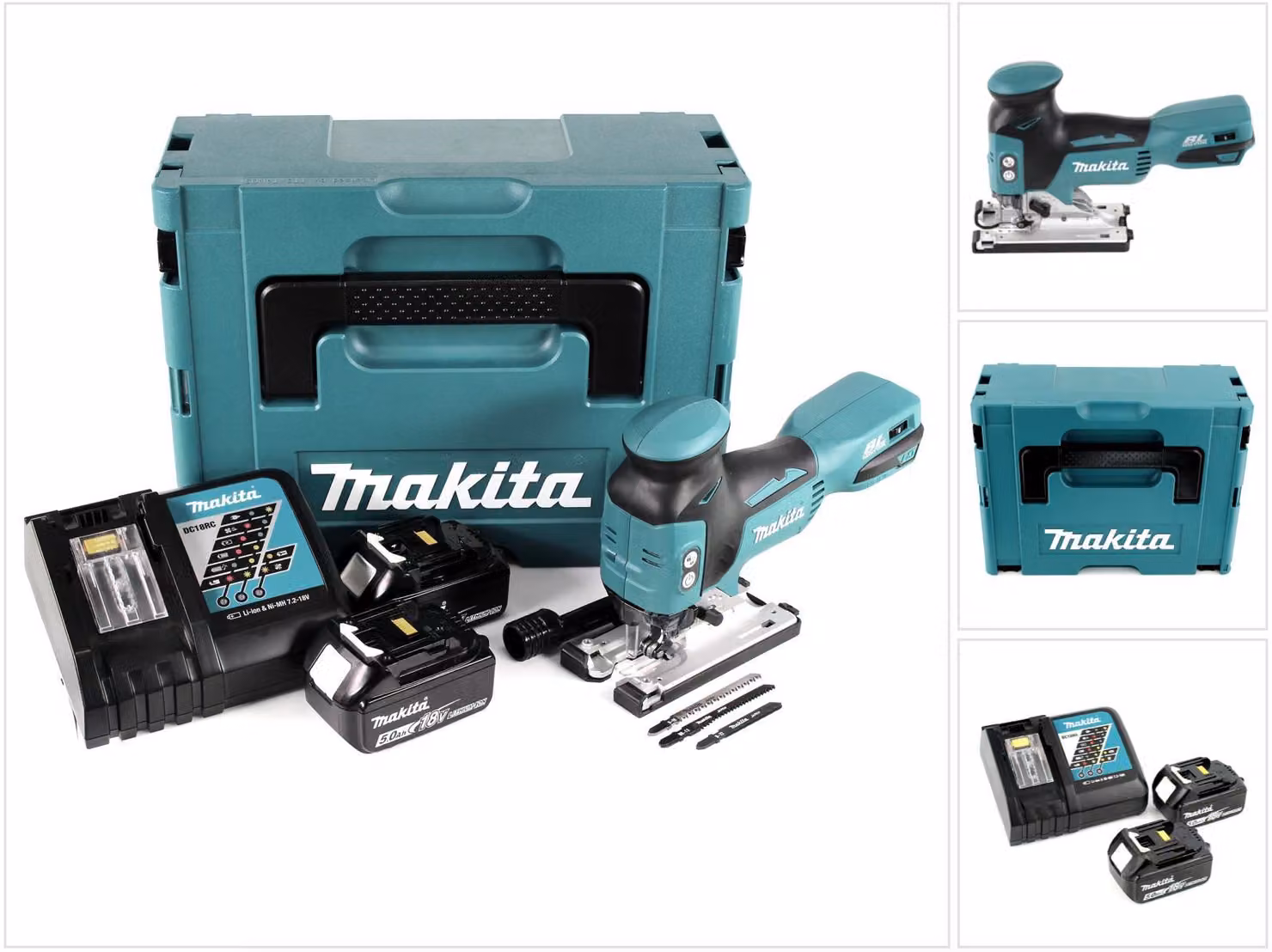 Makita DJV 181 RTJ Seghetto alternativo a batteria 18V in valigetta Makpac + 2x Batterie BL 1850 B 5,0 Ah + Caricatore rapido DC 18 RC