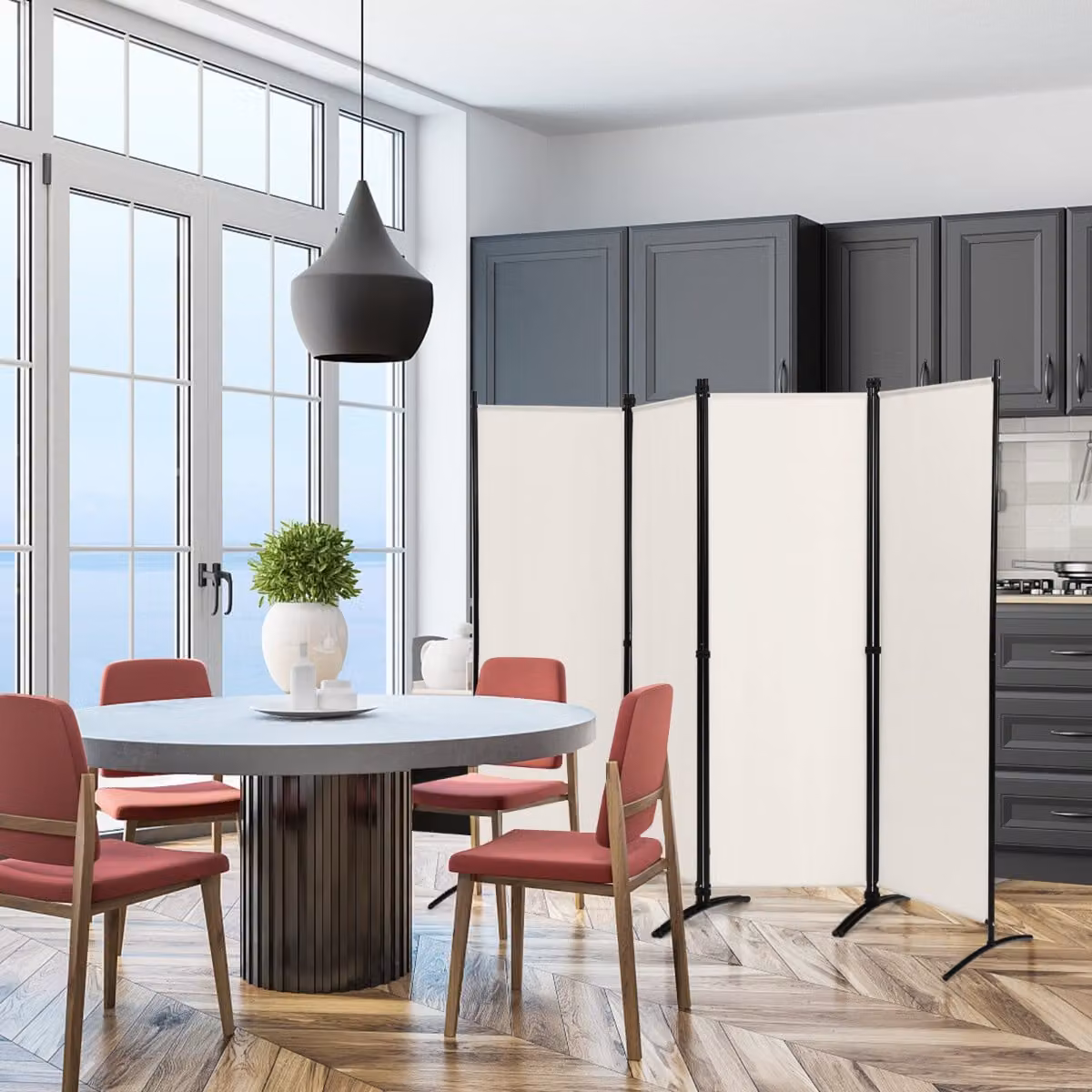 Costway Paravento a 4 pannelli da interno in metallo, Divisorio pieghevole con piedini stabili 220x173cm Beige