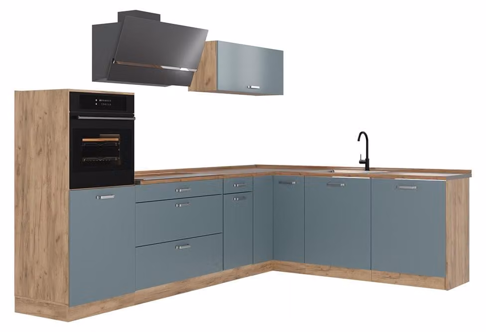 Cucina angolare completa Vicco R-Line Grigio-blu/Rovere dorato 287 x cm piano di lavoro Rovere dorato, Model 67466