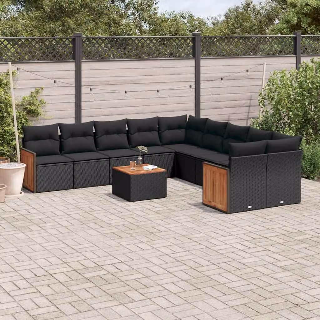 vidaXL Set Divani da Giardino 11 pz a Forma a L con Cuscini, Polyrattan e Legno di Acacia, Nero – 1