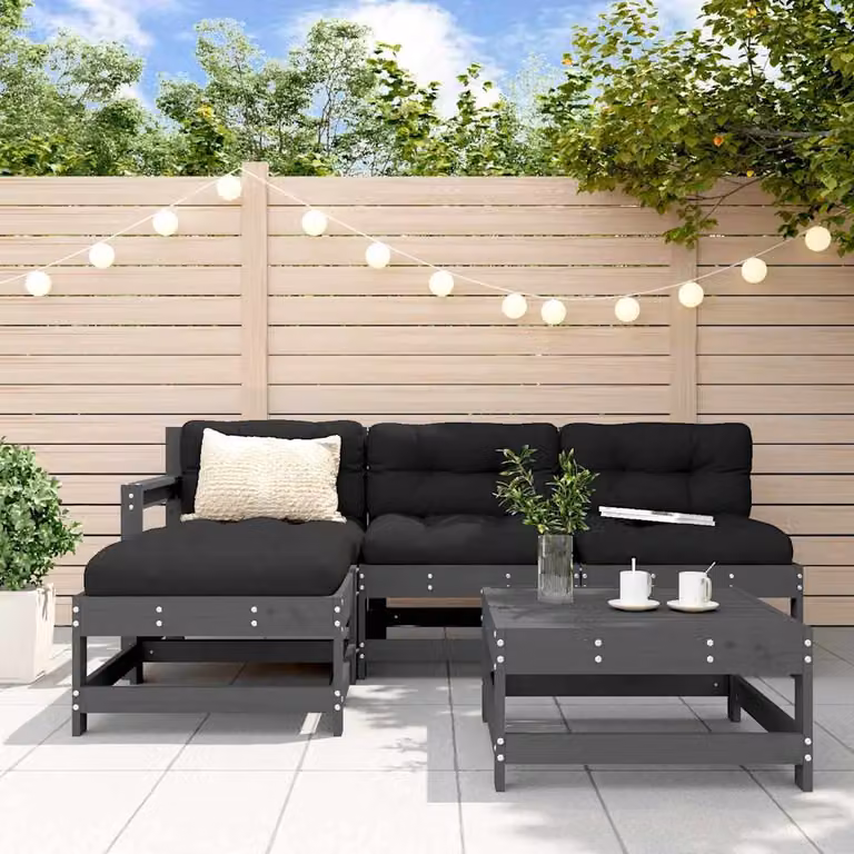 Set da giardino vidaXL a forma di L composto da 5 pezzi in legno massello di pino con cuscini grigi e neri