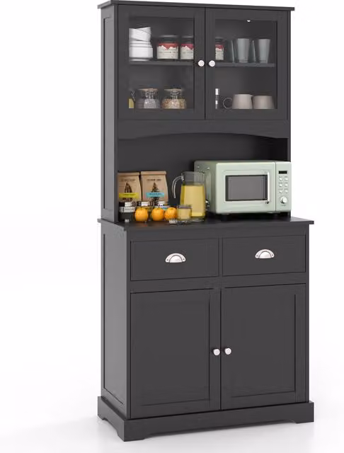 Buffet da cucina da 170cm con mobiletto 4 ante con vetrine in vetro temperato e 3 ripiani regolabili, Credenza autoportante Nero