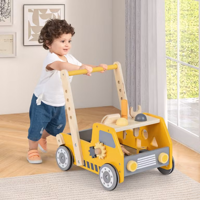 Costway Girello 2-in-1 per bambini con attrezzi da lavoro in legno e spazio di stoccaggio, Giallo