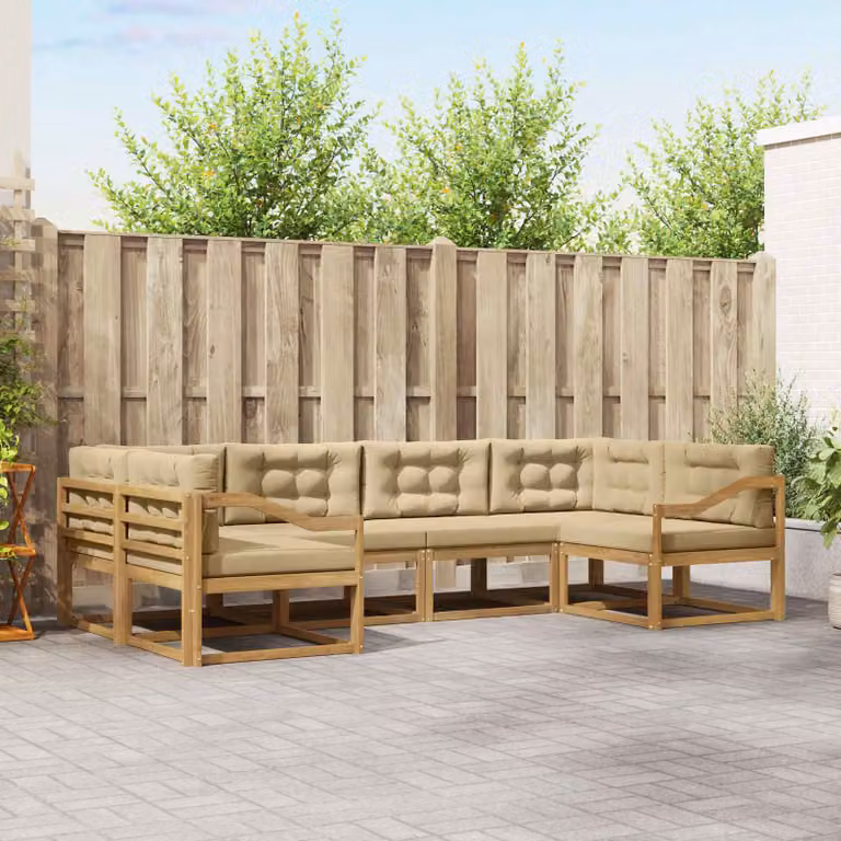Set di divani da esterno vidaXL a forma di L composto da 6 pezzi in legno di acacia con cuscini bianchi e beige