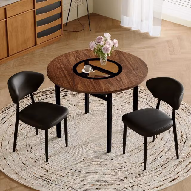 Tavolo da pranzo rotondo Ø 100 cm in MDF con inserto in vetro e 2 sedie in PU