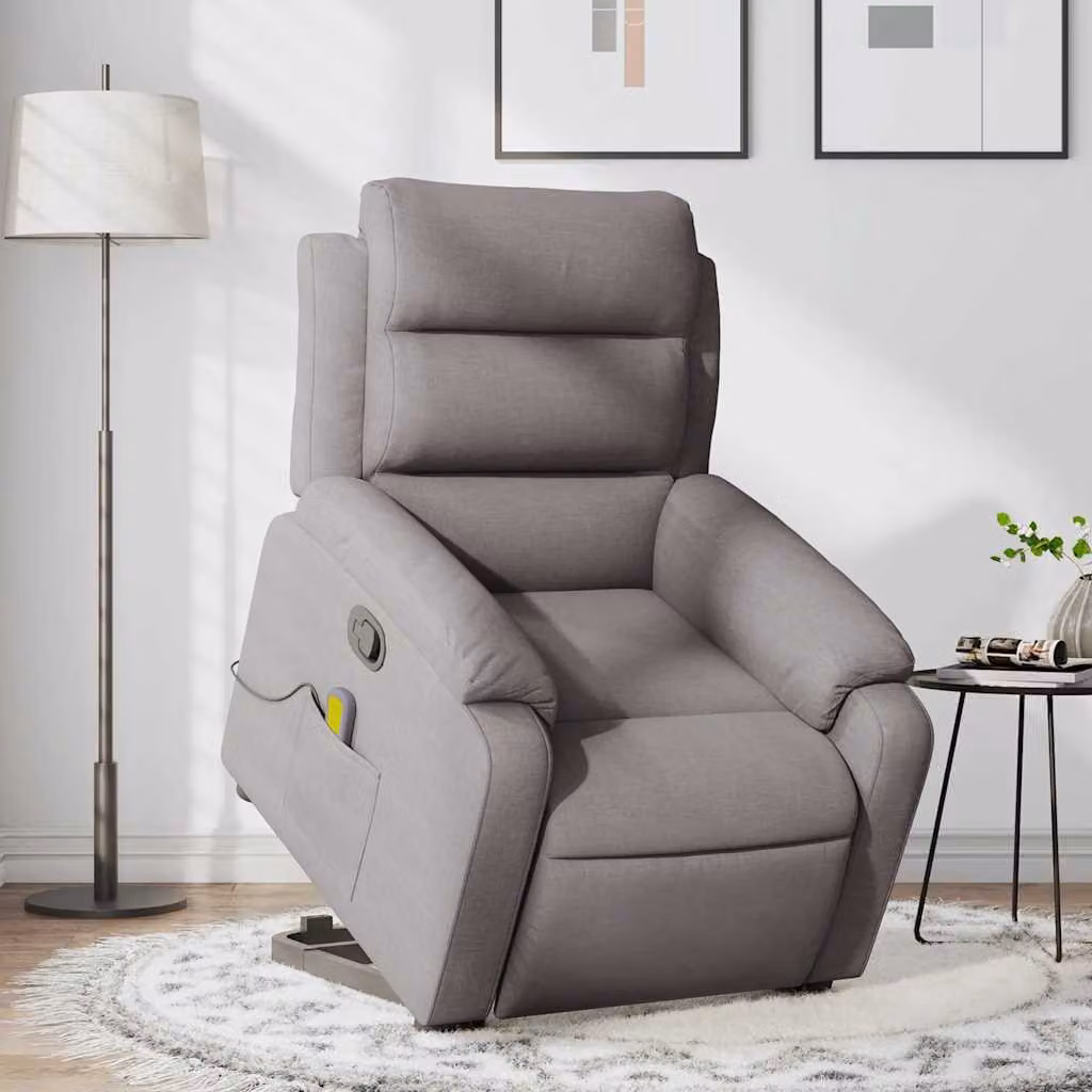 vidaXL Poltrona Alzapersona Massaggiante Reclinabile con Assistenza Elettrica in Tessuto Beige e Grigio – 1