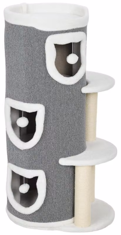 Albero per gatti Moonbite con 3 livelli e area giochi, piccolo grattatore per gatti alto 101 cm, pali in sisal, 3 giocattoli appesi, 3 cuccette, adatto per 1-3 gatti, in poliestere, colore grigio
