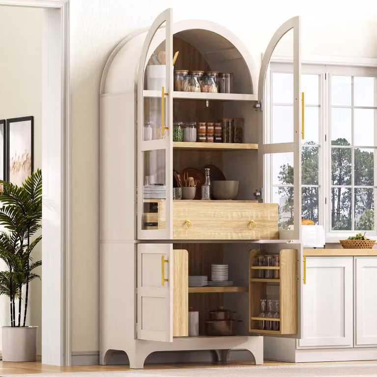 Mobiletto da cucina MODFU con vetro smerigliato, armadietto contenitore dal design curvo, vetrina con cassetto e spazio contenitivo, mobiletto alto da buffet, bianco, 76x40x180 cm