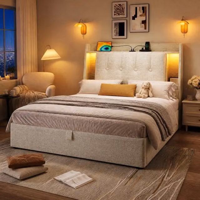 Letto imbottito MODFU con contenitore, luci LED, porte USB e USB-C e mensola integrata, colore beige, L/P/H: 90 x 200 x 76,7 cm – 1